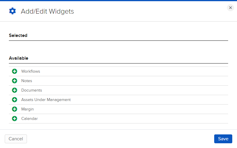 The add/edit widgets panel in portal. 